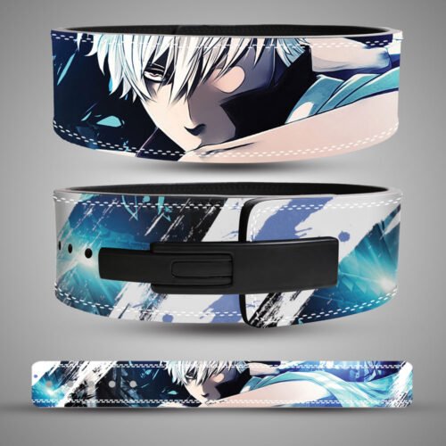 Gintoki Sakata Weightlifting Lever Belt featuring blue anime artwork on premium leather with a heavy-duty lever buckle.