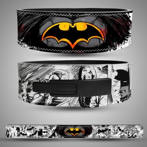 Batman weightlifting lever belt with grunge-style bat symbol in black and orange
