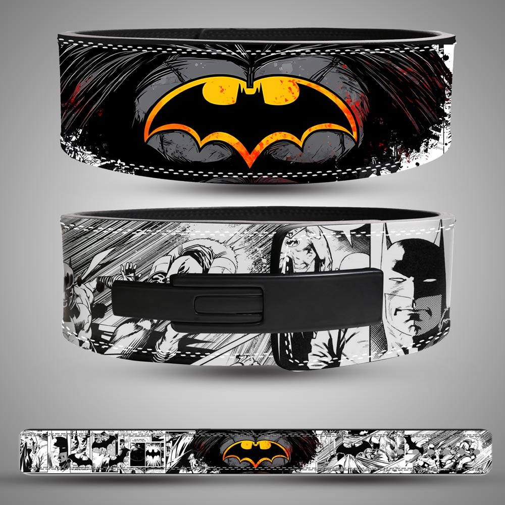 batman-comic-panel-weightlifting-lever-belt-bat-symbol Batman weightlifting lever belt with grunge-style bat symbol in black and orange