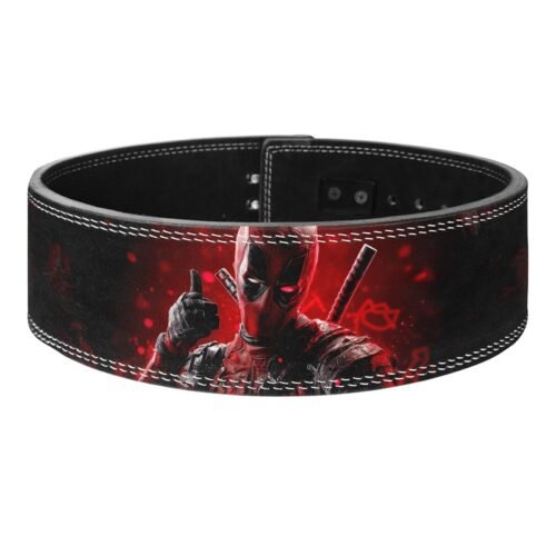 Back panel of Deadpool weightlifting belt with suede interior and reinforced stitching