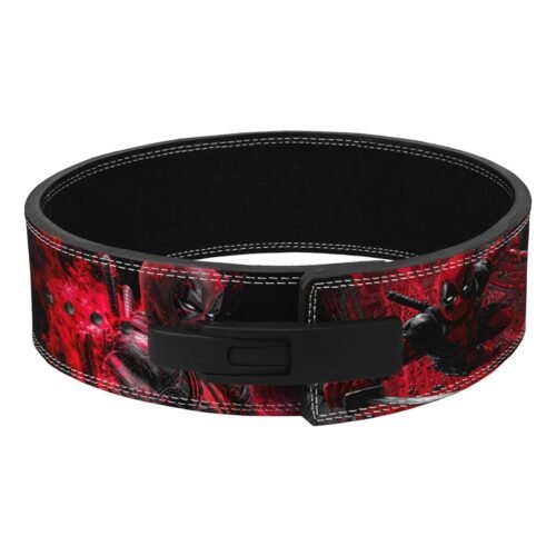 Front view of Deadpool weightlifting belt showing full red comic print and lever buckle
