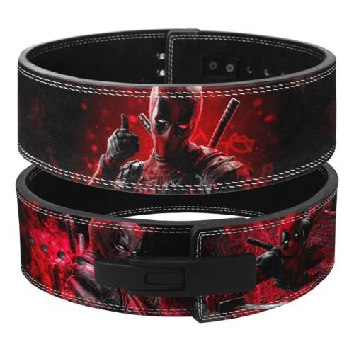 Deadpool weightlifting lever belt in black split leather with red comic-style artwork and katana design