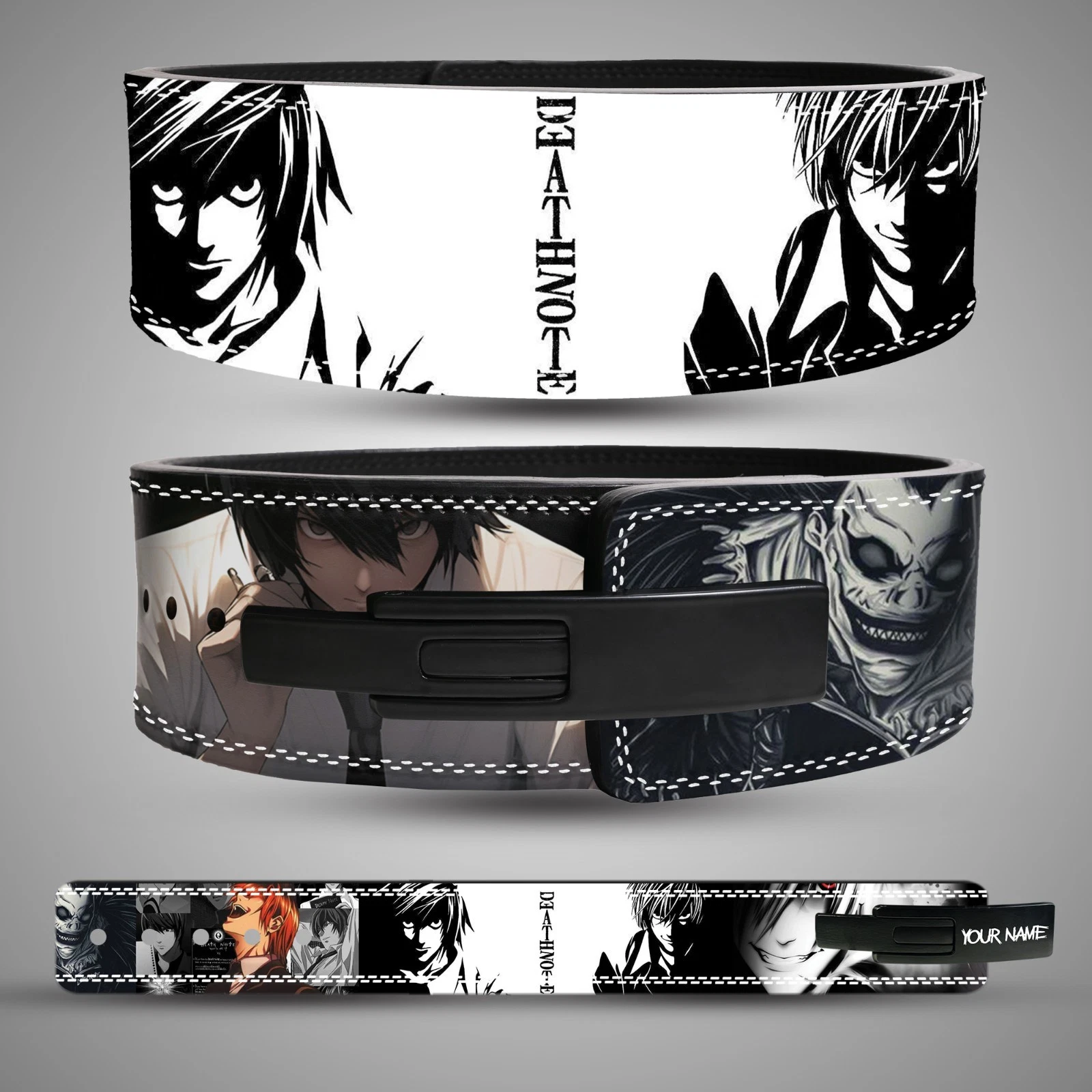 death-note-weightlifting-lever-belt-l-light Death Note weightlifting lever belt with black and white manga panels of L and Light Yagami