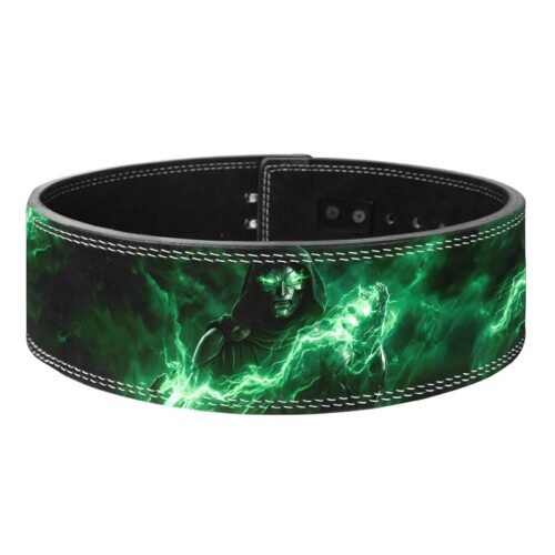 Back panel of Doctor Doom weightlifting belt with suede interior and reinforced stitching