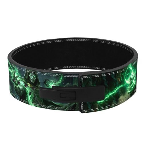 Front view of Doctor Doom weightlifting belt showing full green energy print and lever buckle