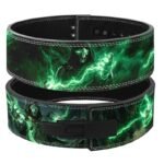 Doctor Doom weightlifting lever belt in black split leather with green mystical energy artwork and iron mask design