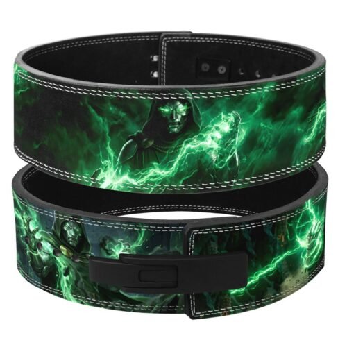 Doctor Doom weightlifting lever belt in black split leather with green mystical energy artwork and iron mask design