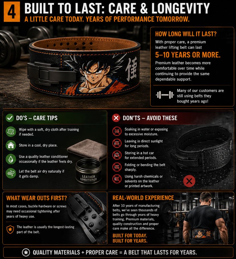 Leather weightlifting belt care guide showing cleaning tips, storage advice, and maintenance for long-lasting performance.