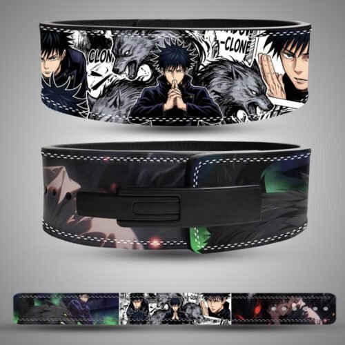 Megumi Fushiguro Weightlifting Lever Belt featuring manga panels and Divine Dogs artwork.