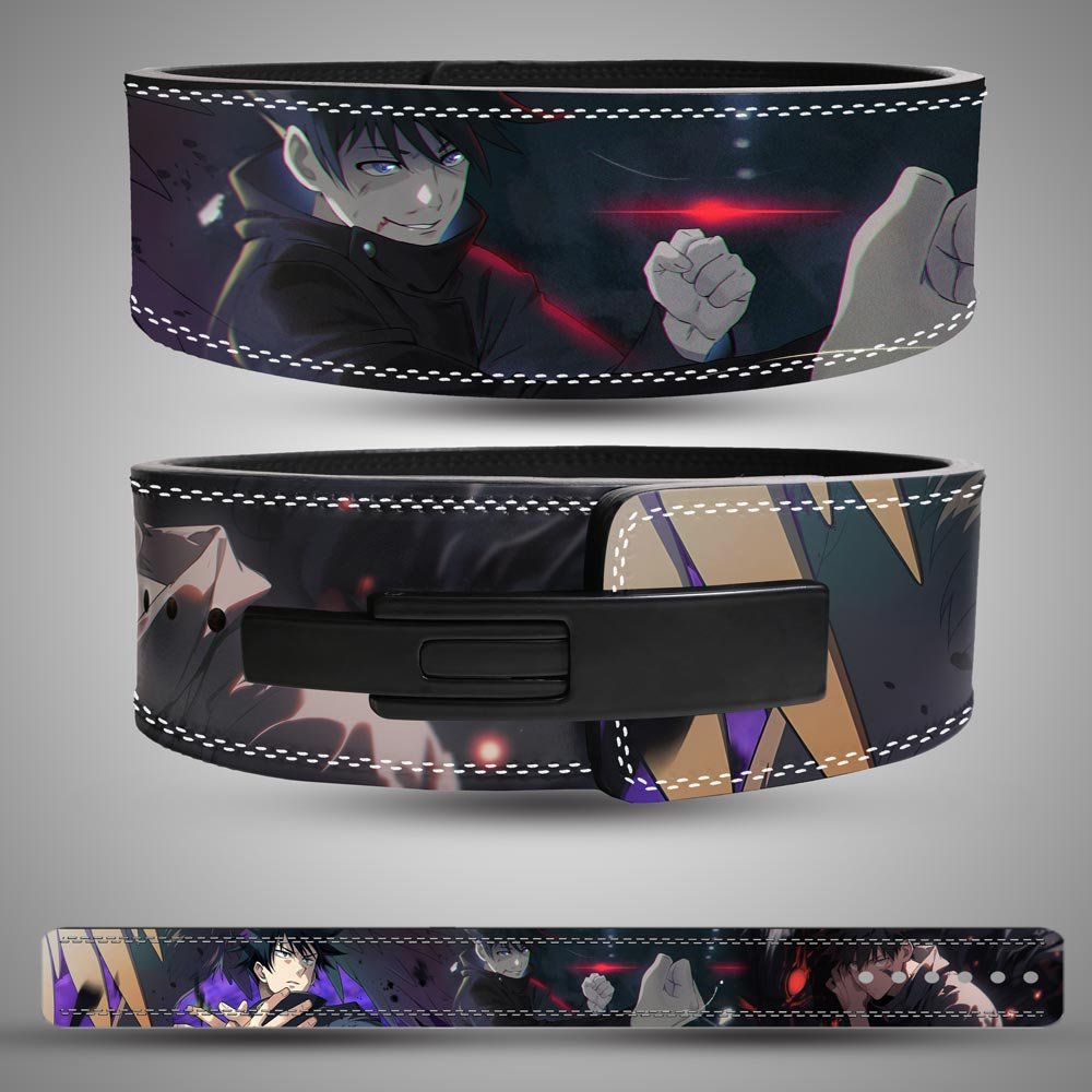 megumi-shadow-technique-weightlifting-belt Megumi Fushiguro Shadow Technique Weightlifting Lever Belt with dark anime artwork.