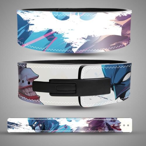 Batman and Joker weightlifting lever belt with blue and purple watercolor splash artwork