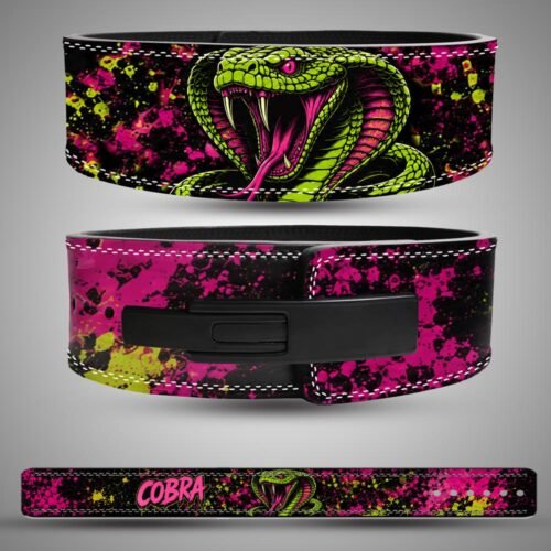 Cobra print lever belt worn during squat and deadlift session