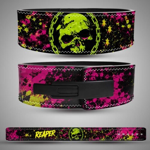 Premium split leather weightlifting belt with skull print design