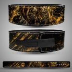 Premium split leather weightlifting belt with gold tiger design
