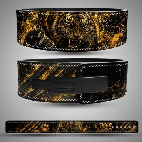 Premium split leather weightlifting belt with gold tiger design