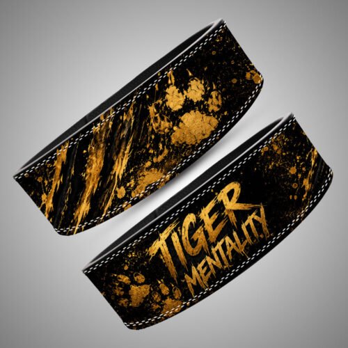 Gold tiger print lever belt worn for squat and deadlift training