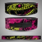 Viper weightlifting lever belt with neon yellow snake head and pink splatter artwork