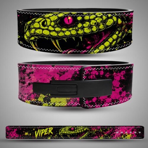 Viper weightlifting lever belt with neon yellow snake head and pink splatter artwork