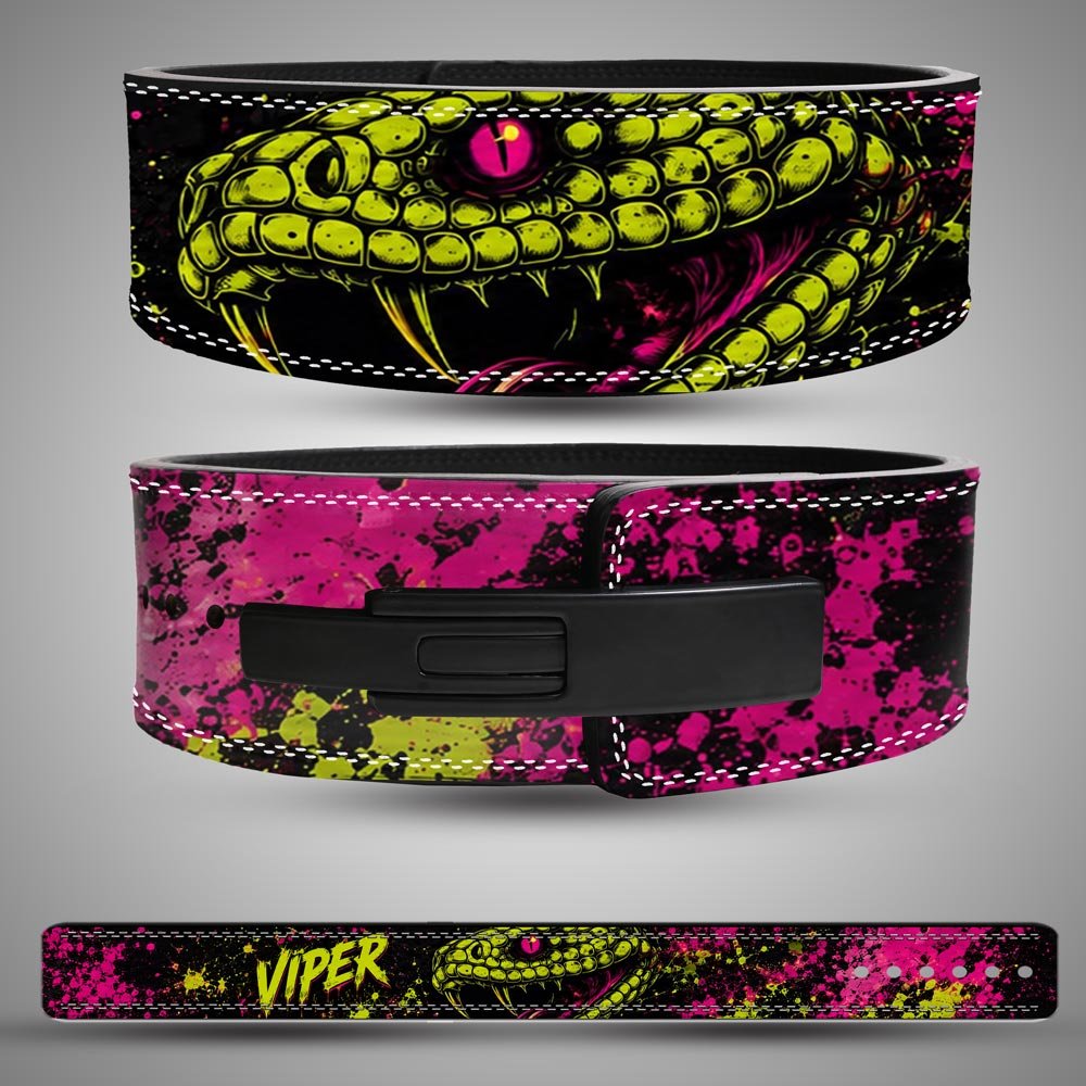 Viper-Weight-Lifting-Lever-Belt Viper weightlifting lever belt with neon yellow snake head and pink splatter artwork