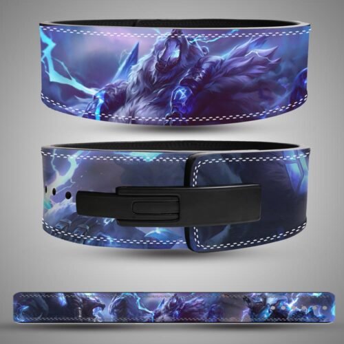 Volibear weightlifting lever belt with League of Legends lightning storm artwork