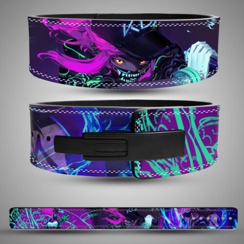Akali weightlifting lever belt with League of Legends shadow assassin artwork in purple and green