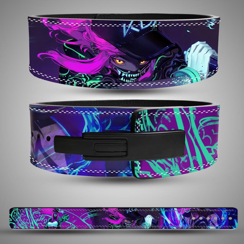 akali-weightlifting-lever-belt-shadow-assassin Akali weightlifting lever belt with League of Legends shadow assassin artwork in purple and green