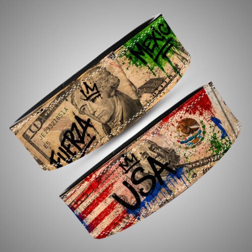Side profile of American Dollar weightlifting belt showing 13mm split leather thickness and grind lettering