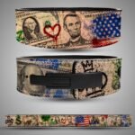 American Dollar weightlifting lever belt with bill and street art design featuring USA and Mexico flags