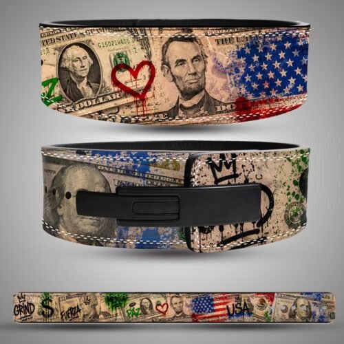 American Dollar weightlifting lever belt with bill and street art design featuring USA and Mexico flags