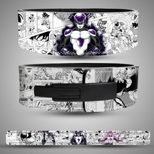 Black Frieza weightlifting lever belt with Dragon Ball manga panel artwork in purple and white