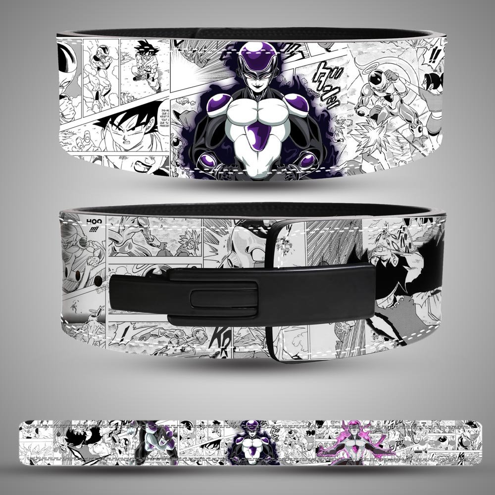 black-frieza-weightlifting-lever-belt-dragon-ball Black Frieza weightlifting lever belt with Dragon Ball manga panel artwork in purple and white