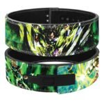 Front And back view of Broly anime lever belt showing green lightning rage pose and lever buckle