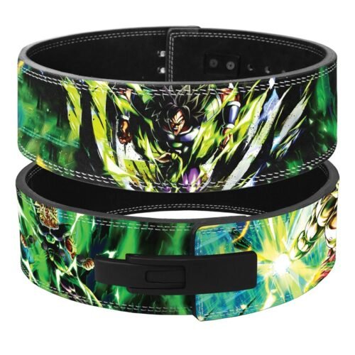 Front And back view of Broly anime lever belt showing green lightning rage pose and lever buckle