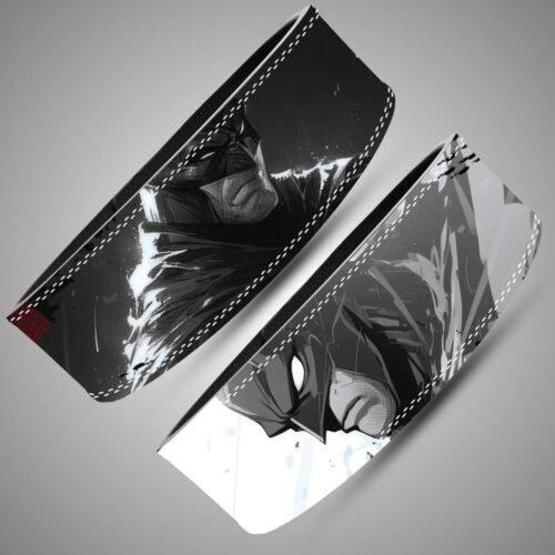 Side profile of Batman weightlifting belt showing 13mm split leather thickness and Batman lettering
