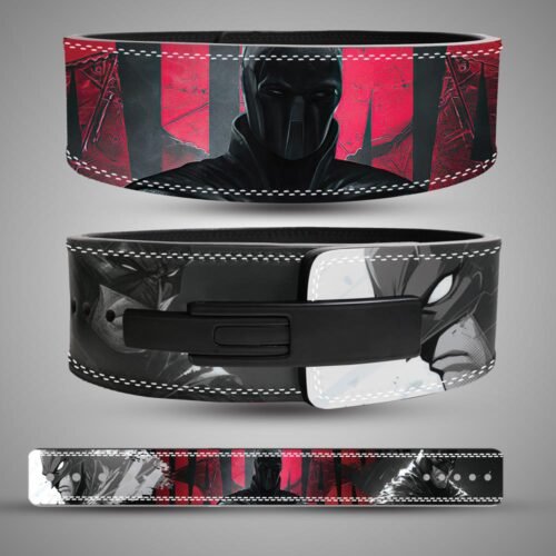 Batman weightlifting lever belt with cinematic dark knight portrait in red and black
