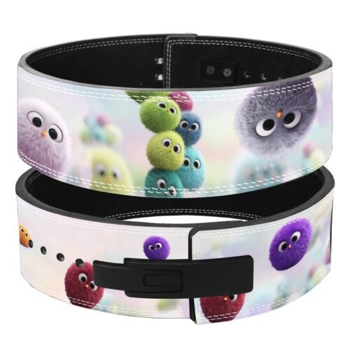 Fluffy Friends weightlifting lever belt with pastel plush creature artwork