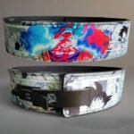 Goku Kaioken weightlifting belt showing painted red aura portrait and lever buckle