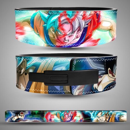 Goku Blue Surge weightlifting lever belt with Super Saiyan Blue portrait artwork