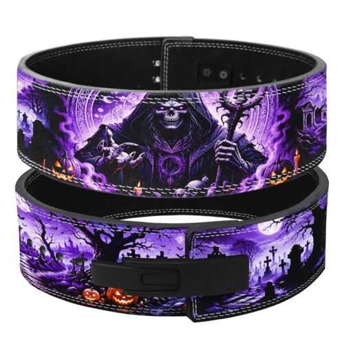 Grim Reaper weightlifting lever belt with purple graveyard Halloween artwork