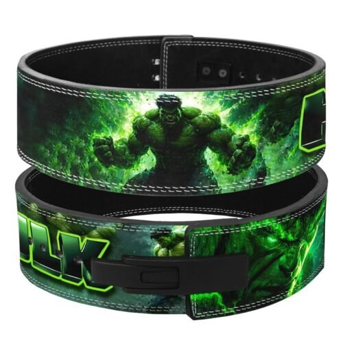 Hulk weightlifting lever belt with green energy explosion artwork and bold lettering