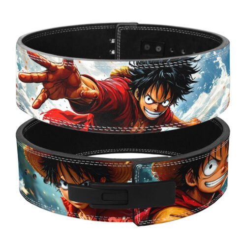 Luffy anime lever belt with cinematic reaching pose and red vest artwork