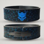 Phantom Skull Weightlifting Lever Belt featuring electric blue skull artwork on a textured black background.