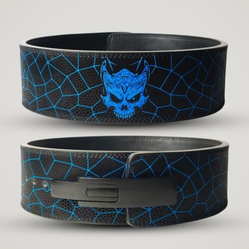Phantom Skull Weightlifting Lever Belt featuring electric blue skull artwork on a textured black background.
