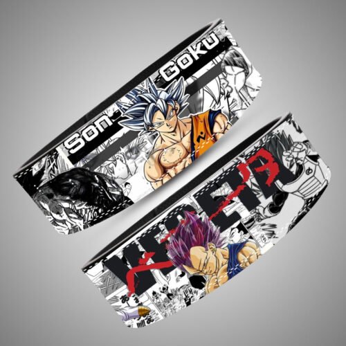 Side profile of Goku vs Vegeta anime lever belt showing Son Goku lettering and manga panels