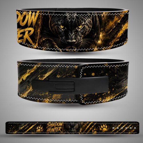 Shadow Hunter Weightlifting Lever Belt featuring a black and gold tiger design.