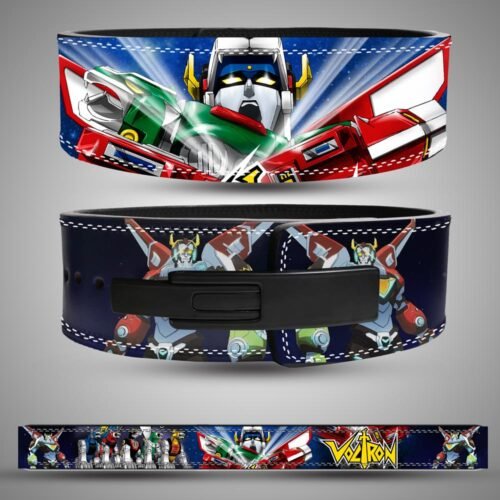 Voltron weightlifting lever belt with armored robot portrait and space background artwork