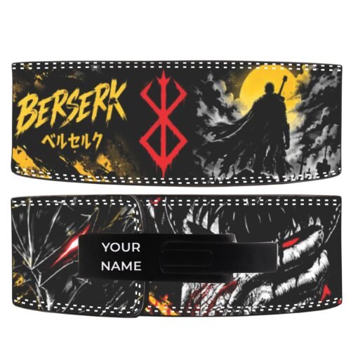 Berserk weightlifting belt with Brand of Sacrifice symbol and moonlit scene