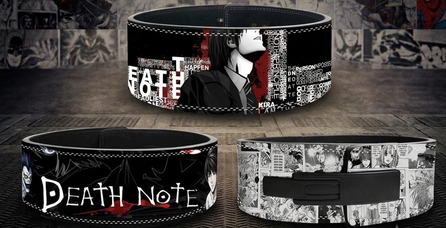 Three custom weightlifting belts displaying Death Note themes, featuring Light Yagami alongside the word "FATE", the Death Note title logo next to Ryuk the Shinigami, and a black-and-white manga panel collage equipped with a lever buckle.