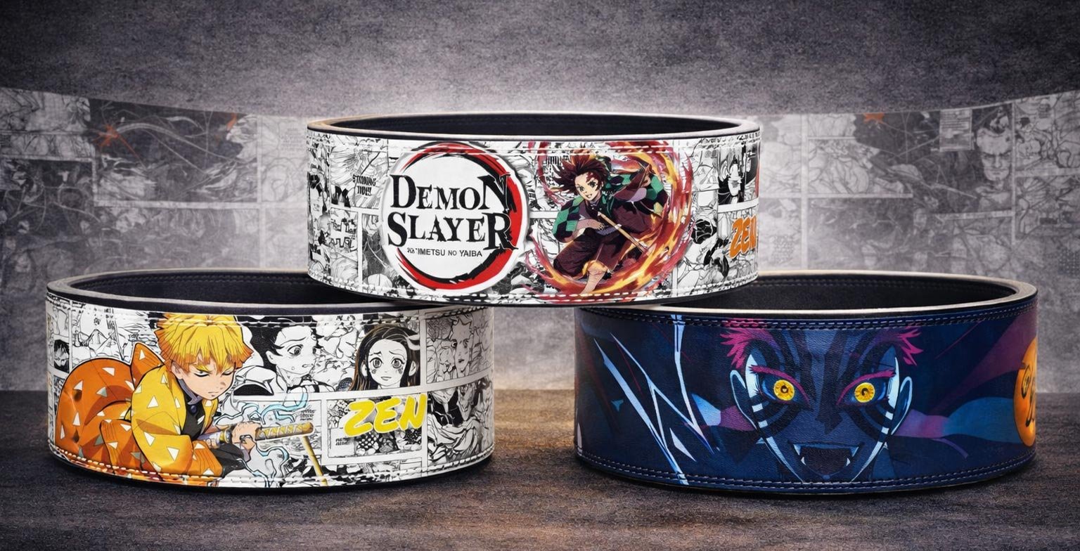 Three custom weightlifting belts showcasing Demon Slayer artwork, including Tanjiro Kamado performing a fire attack next to the series logo, Zenitsu Agatsuma and Nezuko set against a manga panel background, and a dark blue belt featuring a close-up portrait of the demon Akaza.