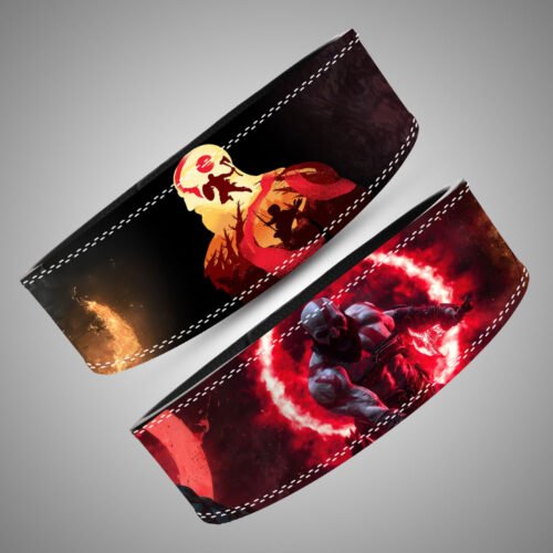 God of War lifting belt showing Kratos face design and lever buckle